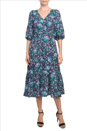 Maggy London V-Neck 3/4 Sleeve Elastic Cuff’s Pleated Faux Button Front Zipper Back Flutter Hem Floral Print Crepe Dress