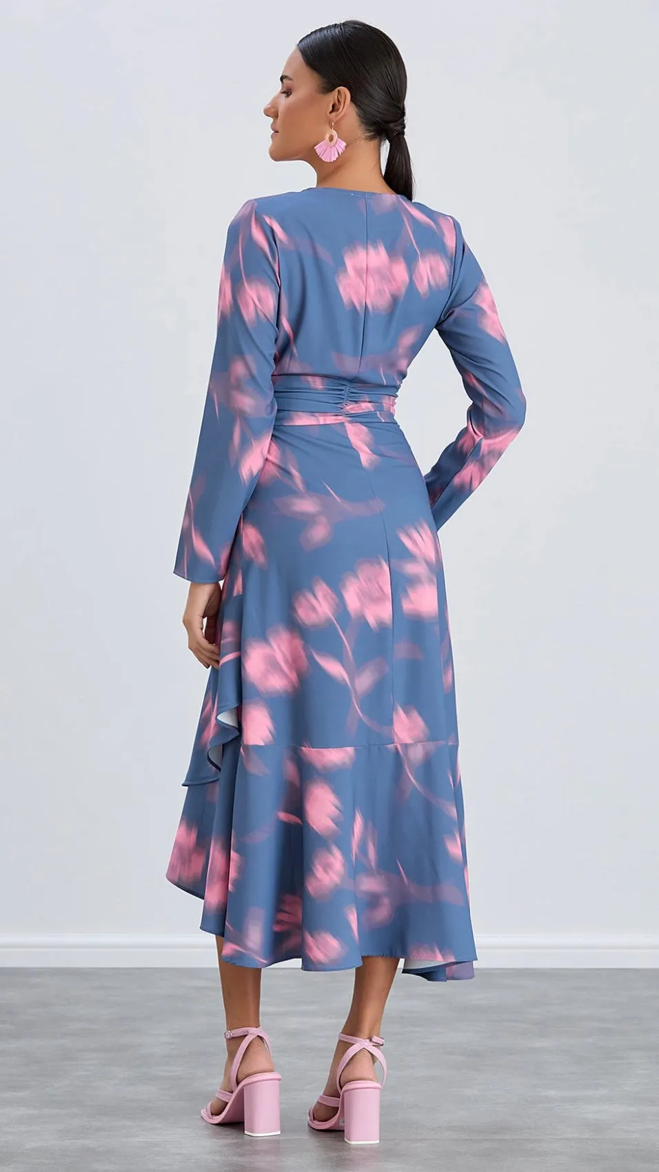PAULA LS FRILL MIDI DRESS - BLUE