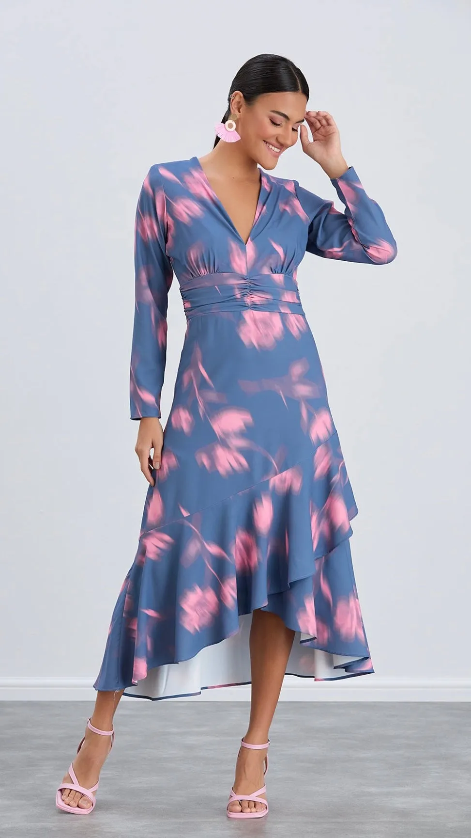 PAULA LS FRILL MIDI DRESS - BLUE