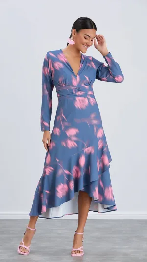 PAULA LS FRILL MIDI DRESS - BLUE