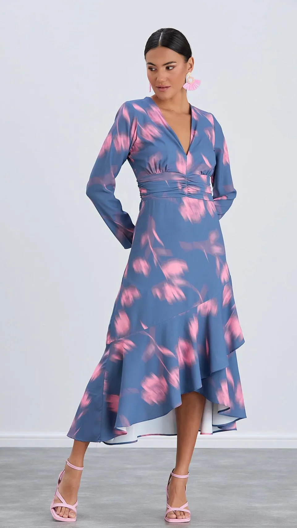 PAULA LS FRILL MIDI DRESS - BLUE