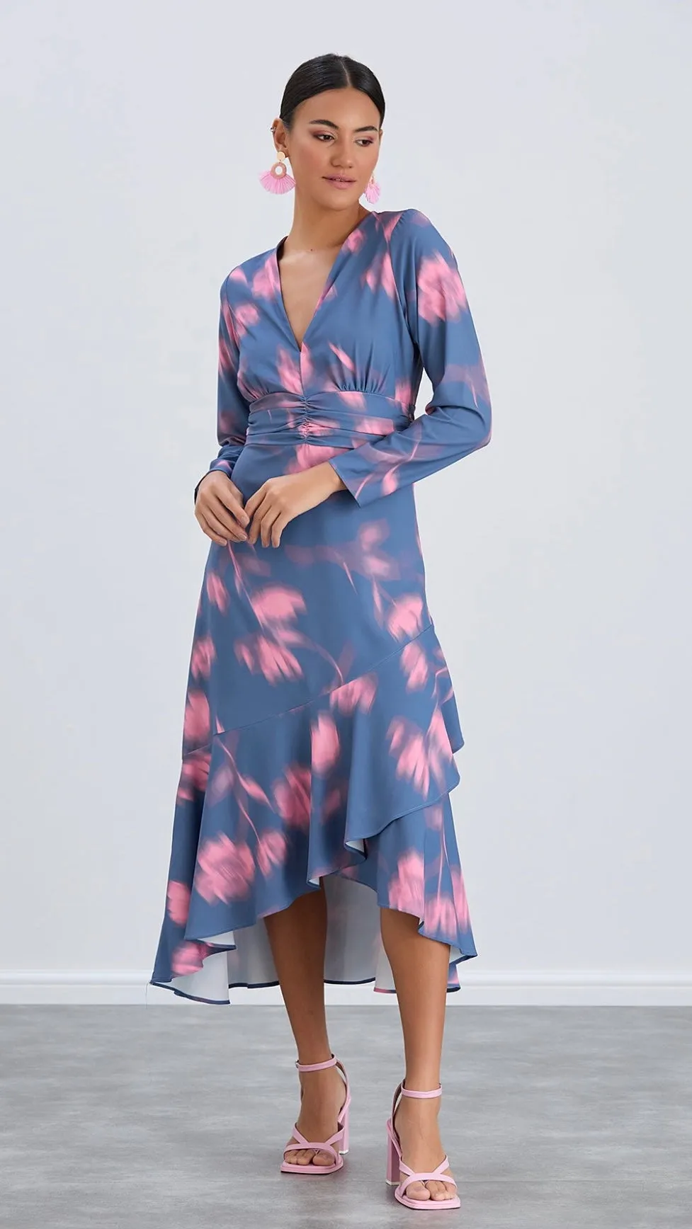 PAULA LS FRILL MIDI DRESS - BLUE