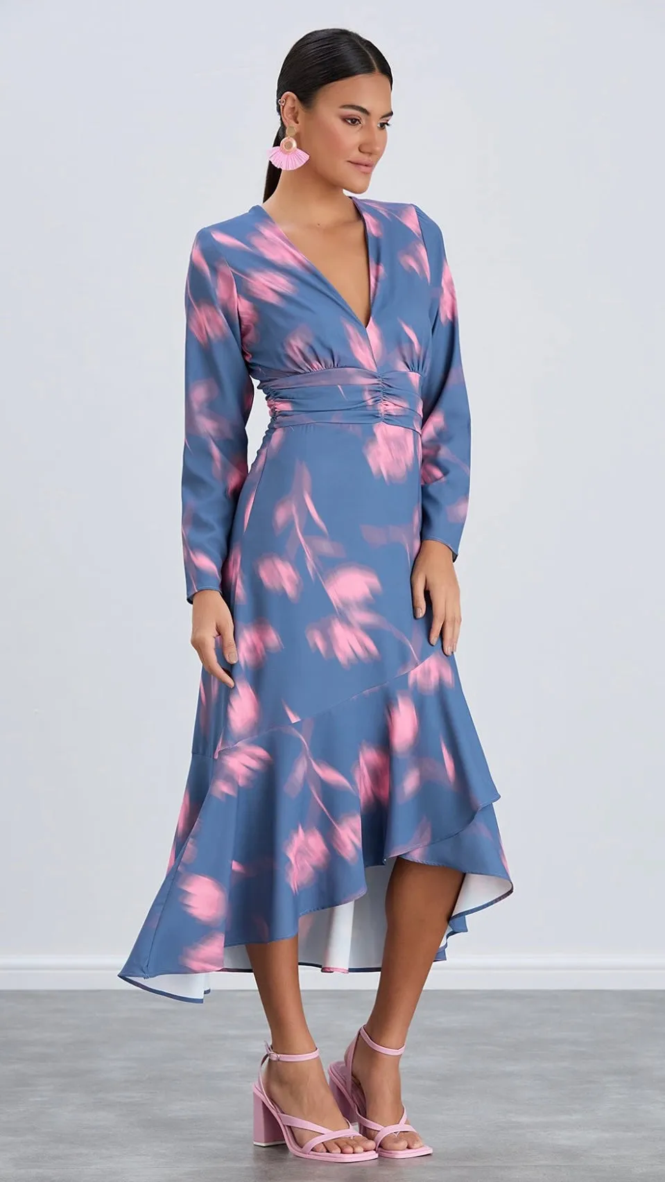 PAULA LS FRILL MIDI DRESS - BLUE