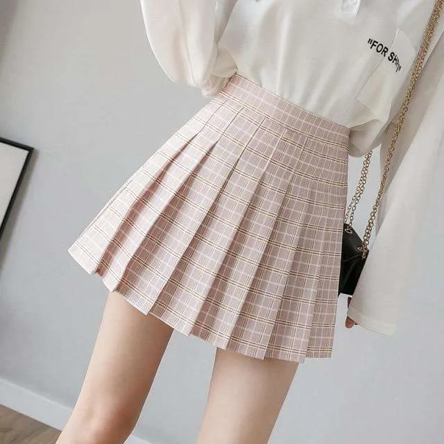 Pink Plaid High Waist Pleated Mini Skirt
