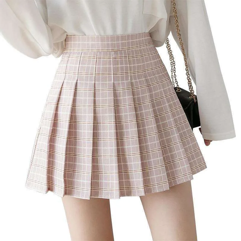 Pink Plaid High Waist Pleated Mini Skirt