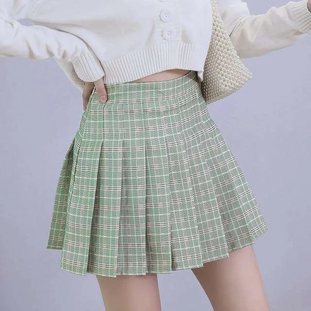 Pink Plaid High Waist Pleated Mini Skirt