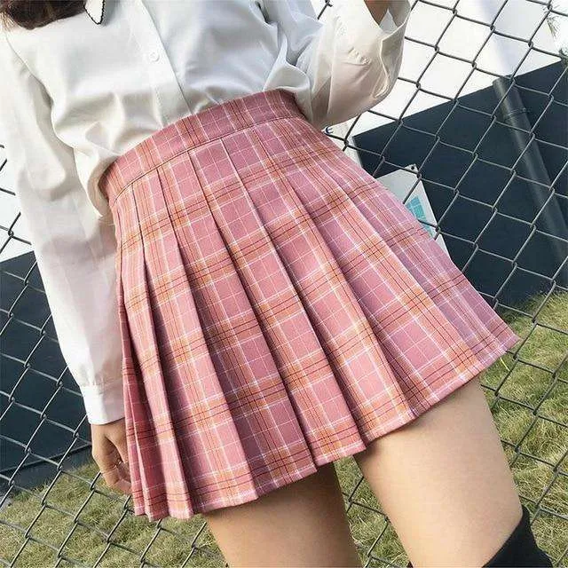 Pink Plaid High Waist Pleated Mini Skirt