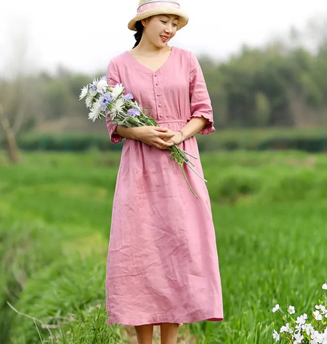 Pink Women Dresses Casual Summer Draw String Linen Women Dresses SJ97215