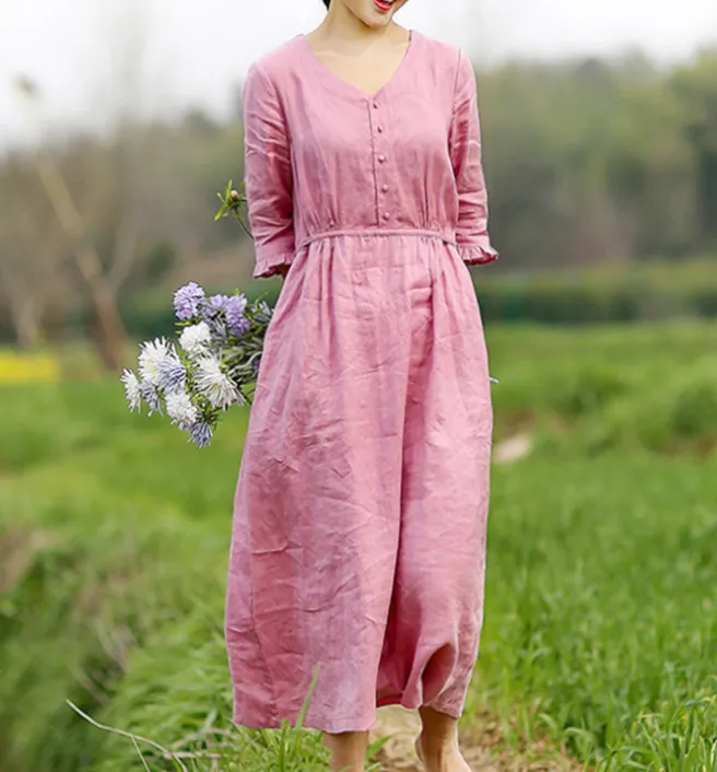 Pink Women Dresses Casual Summer Draw String Linen Women Dresses SJ97215
