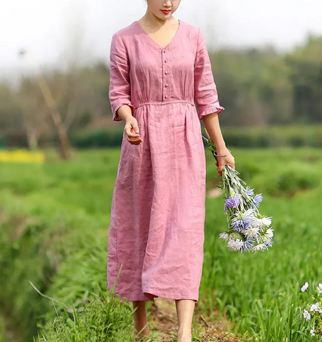 Pink Women Dresses Casual Summer Draw String Linen Women Dresses SJ97215