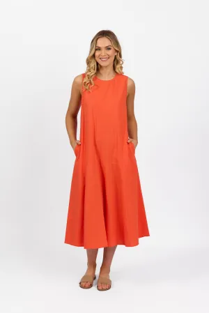 Plain Long Sleeveless Dress with Round Neck :Punch