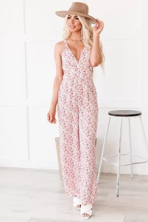 Pretty As A Picture Wide Leg Floral Jumpsuit (Peach)