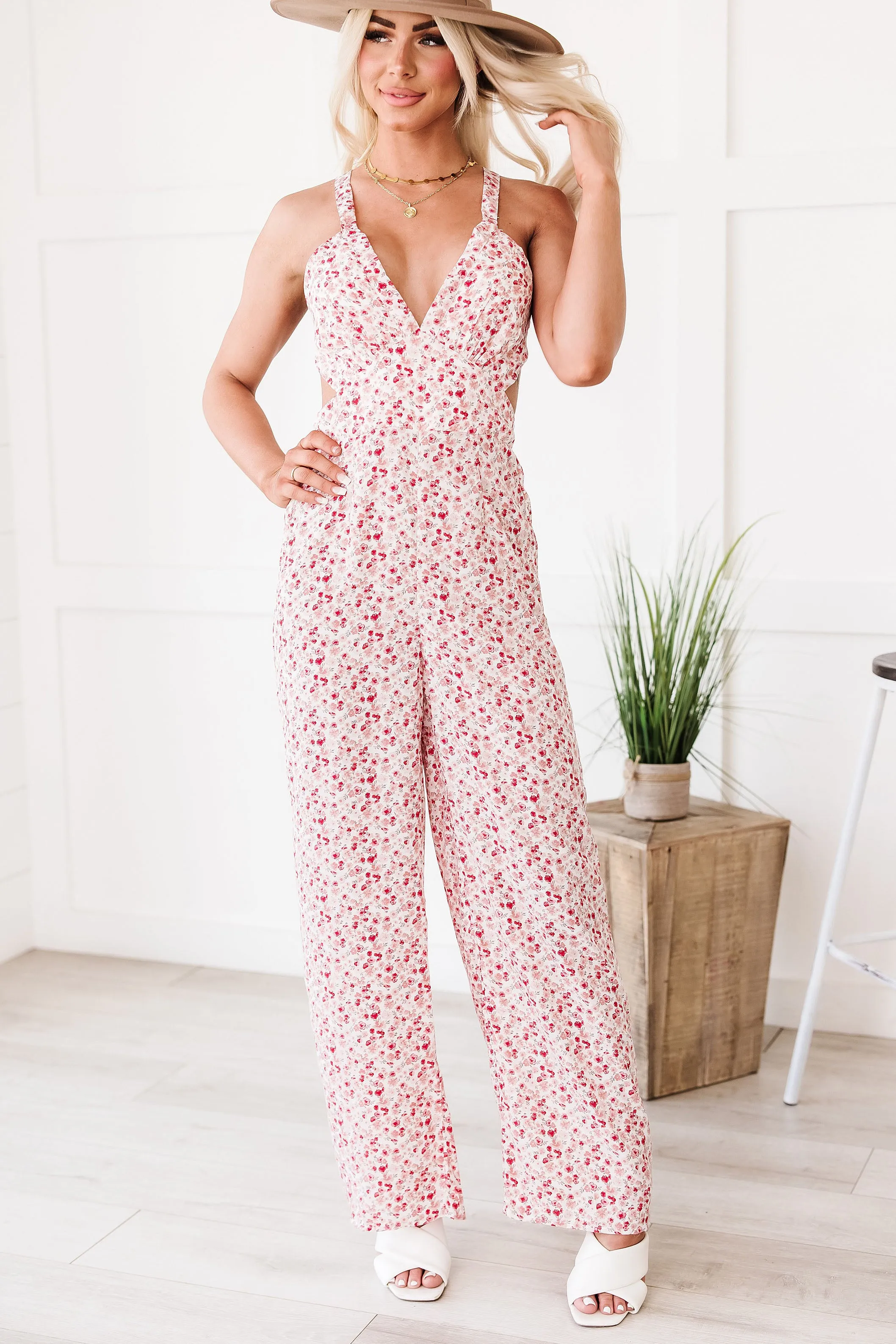 Pretty As A Picture Wide Leg Floral Jumpsuit (Peach)