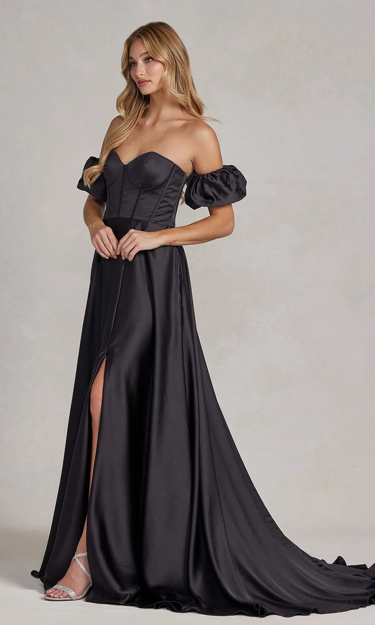 Puff Sleeve Corset Strapless Long Prom Dress K1122