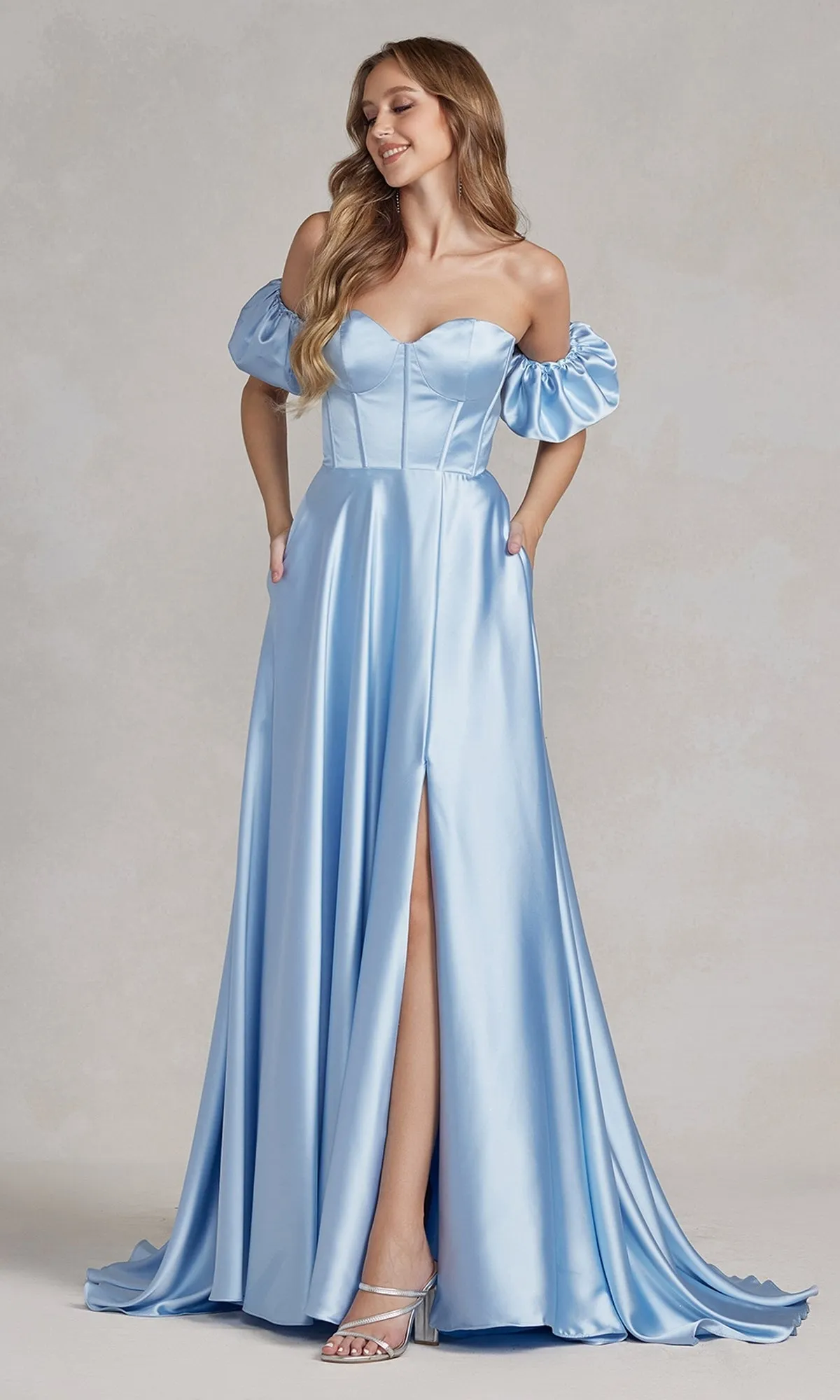 Puff Sleeve Corset Strapless Long Prom Dress K1122
