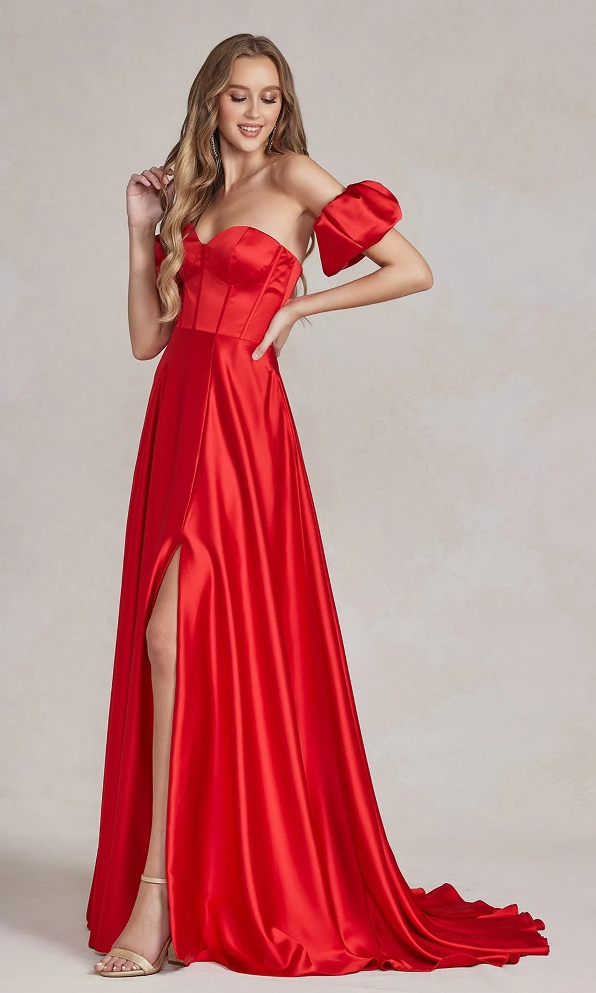 Puff Sleeve Corset Strapless Long Prom Dress K1122