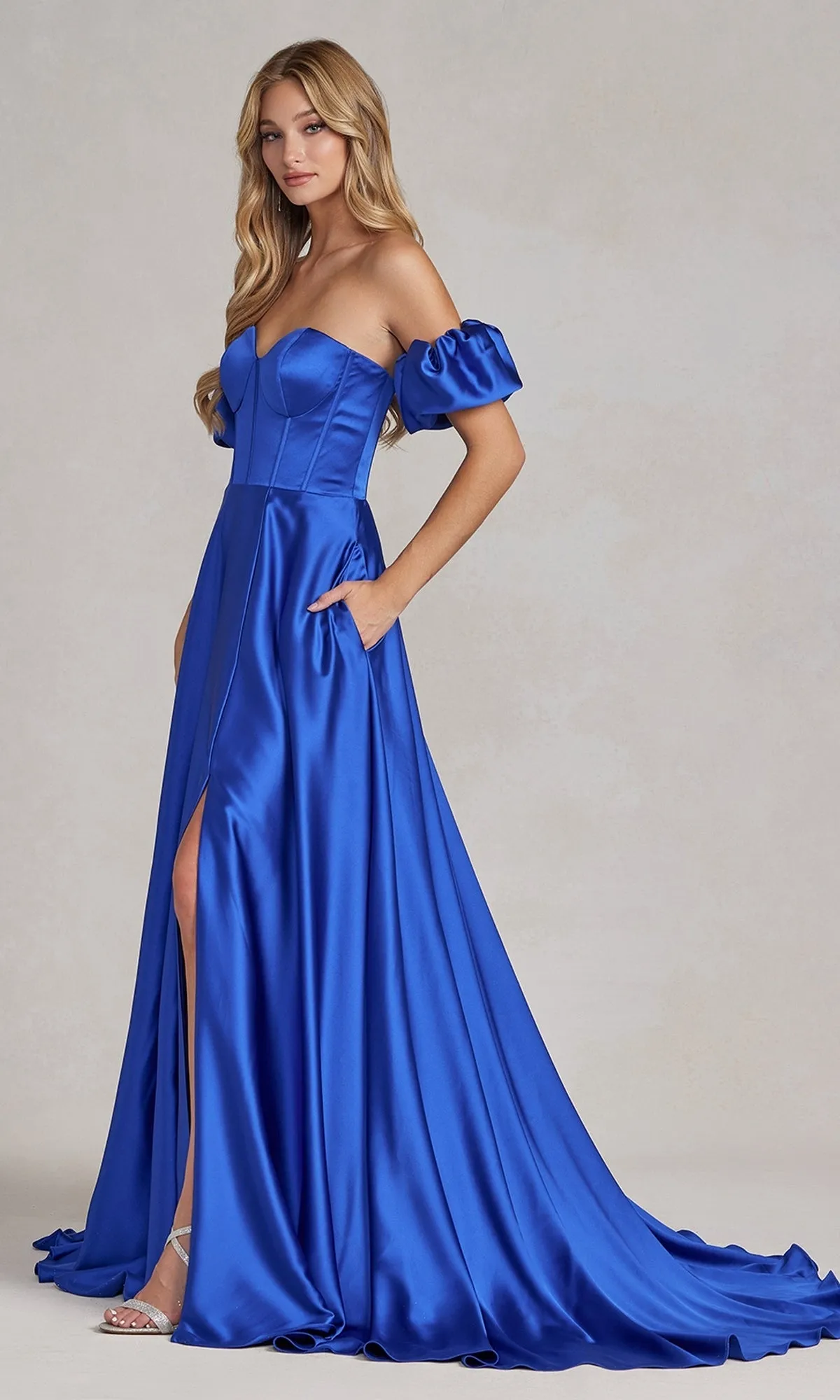 Puff Sleeve Corset Strapless Long Prom Dress K1122