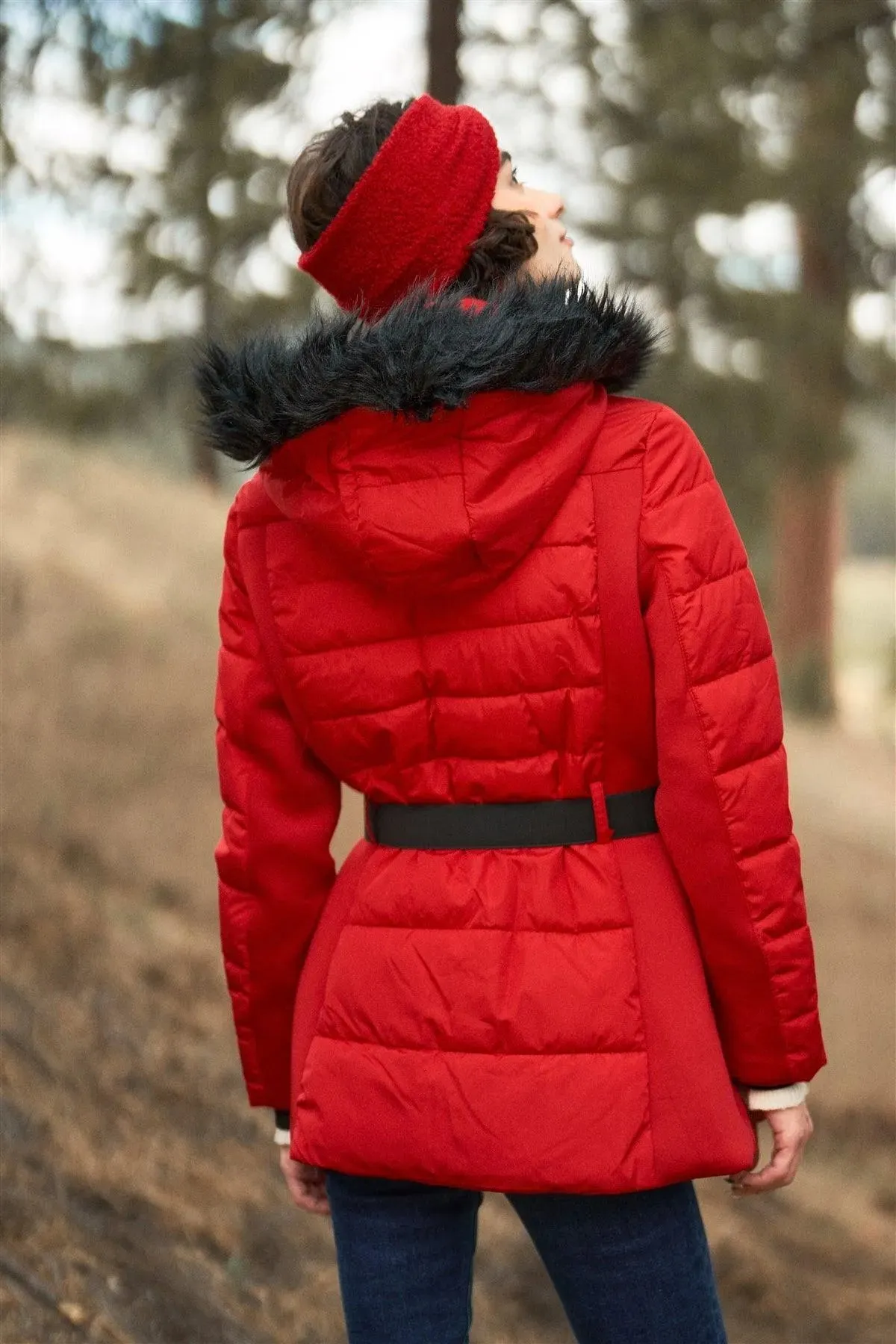 Red Faux Fur Harness Buckle Belt Detail Long Fitted Puffer Jacket /1-2-1-2