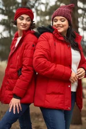 Red Faux Fur Harness Buckle Belt Detail Long Fitted Puffer Jacket /1-2-1-2