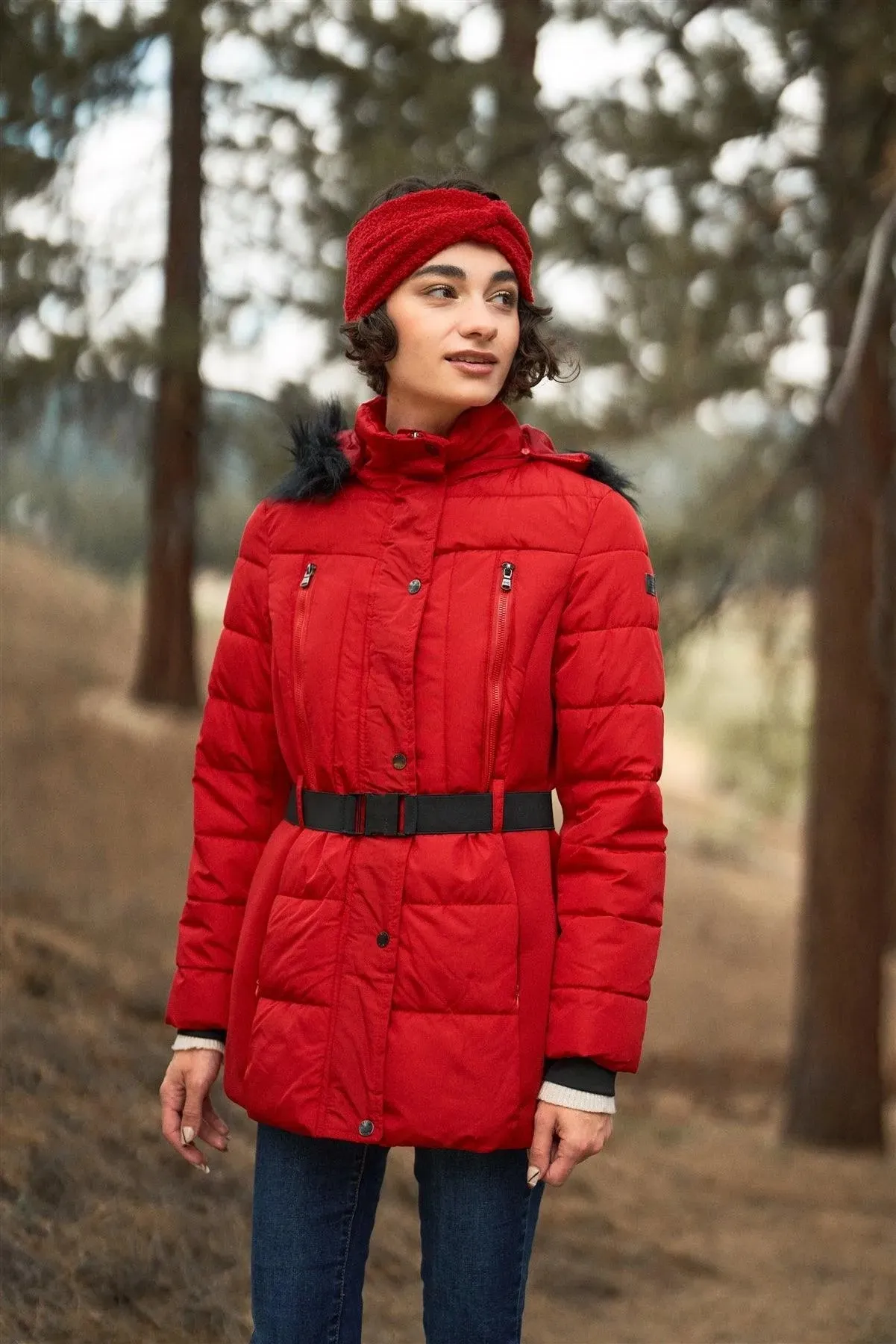 Red Faux Fur Harness Buckle Belt Detail Long Fitted Puffer Jacket /1-2-1-2