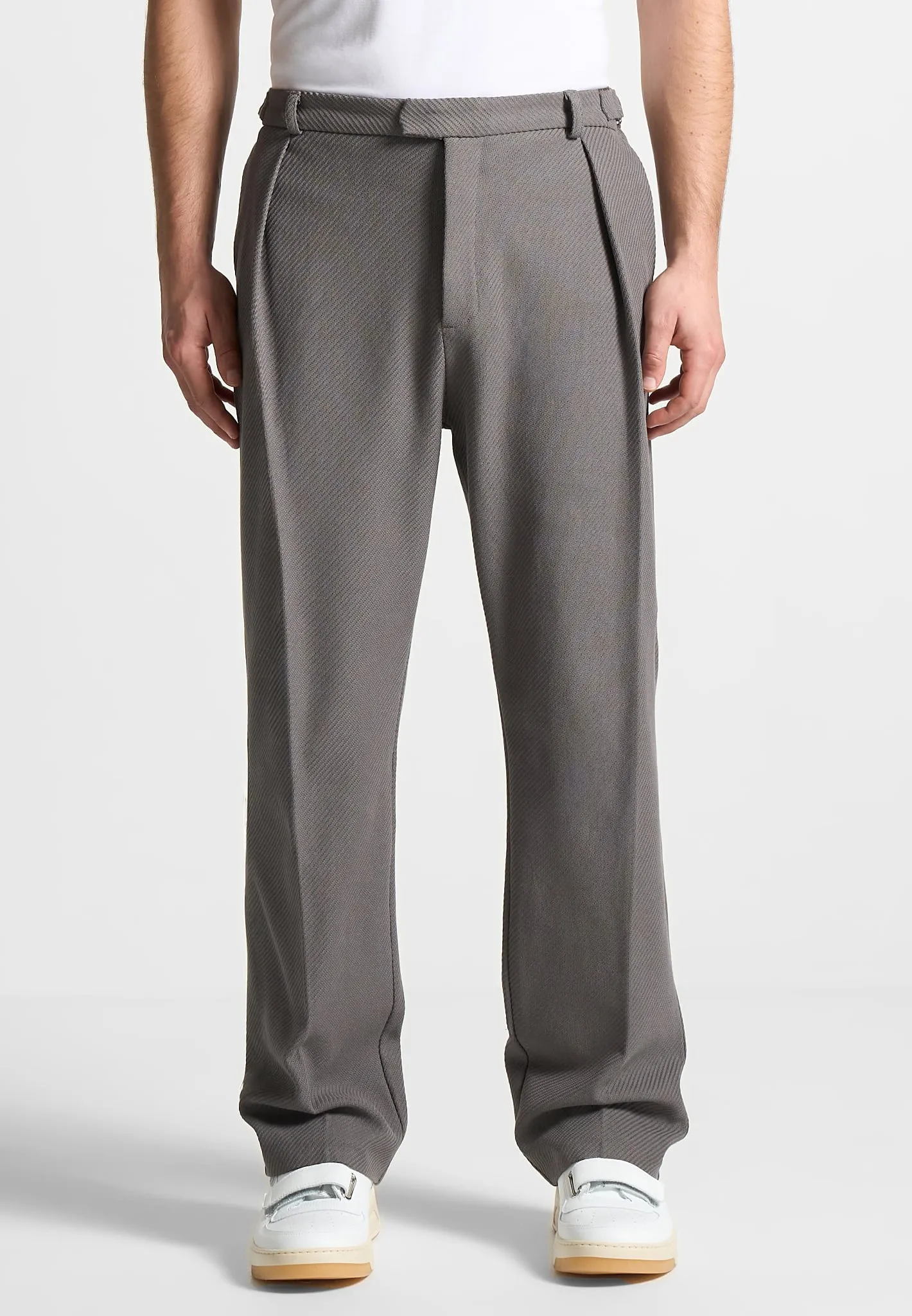 Relaxed Fit Twill Pleated Tailored Trousers - Grey