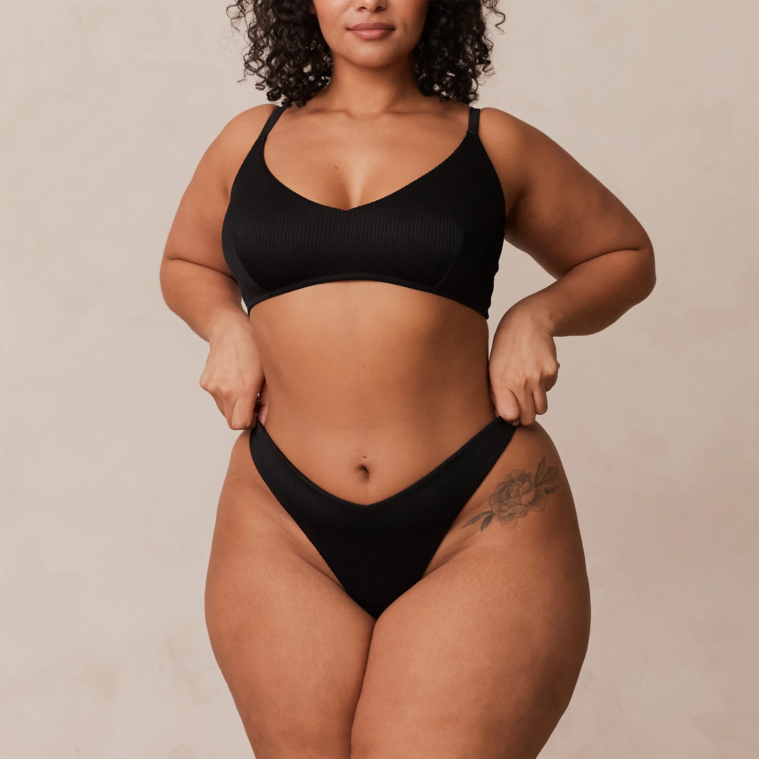 Ribbed Triangle Bra  - Black