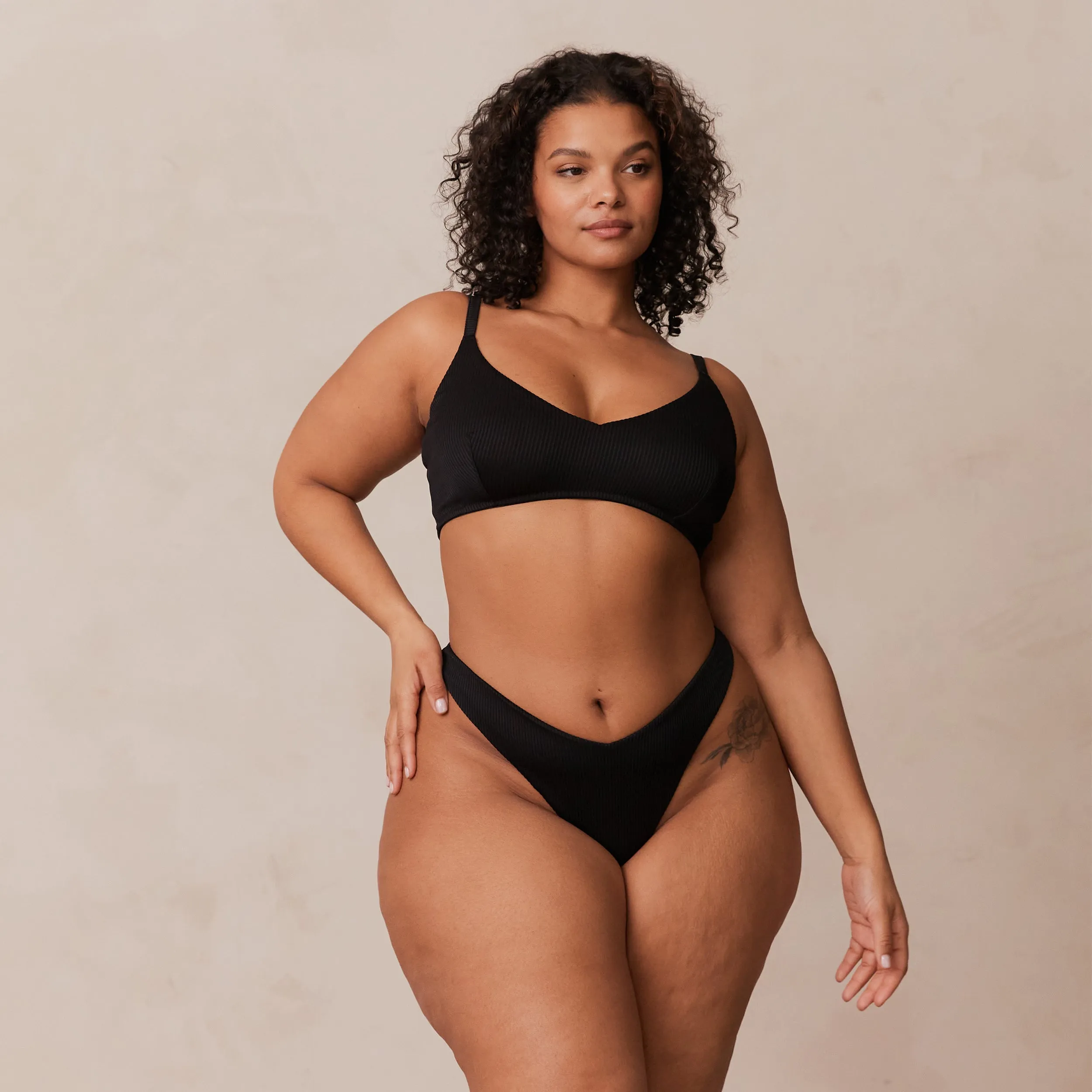 Ribbed Triangle Bra  - Black