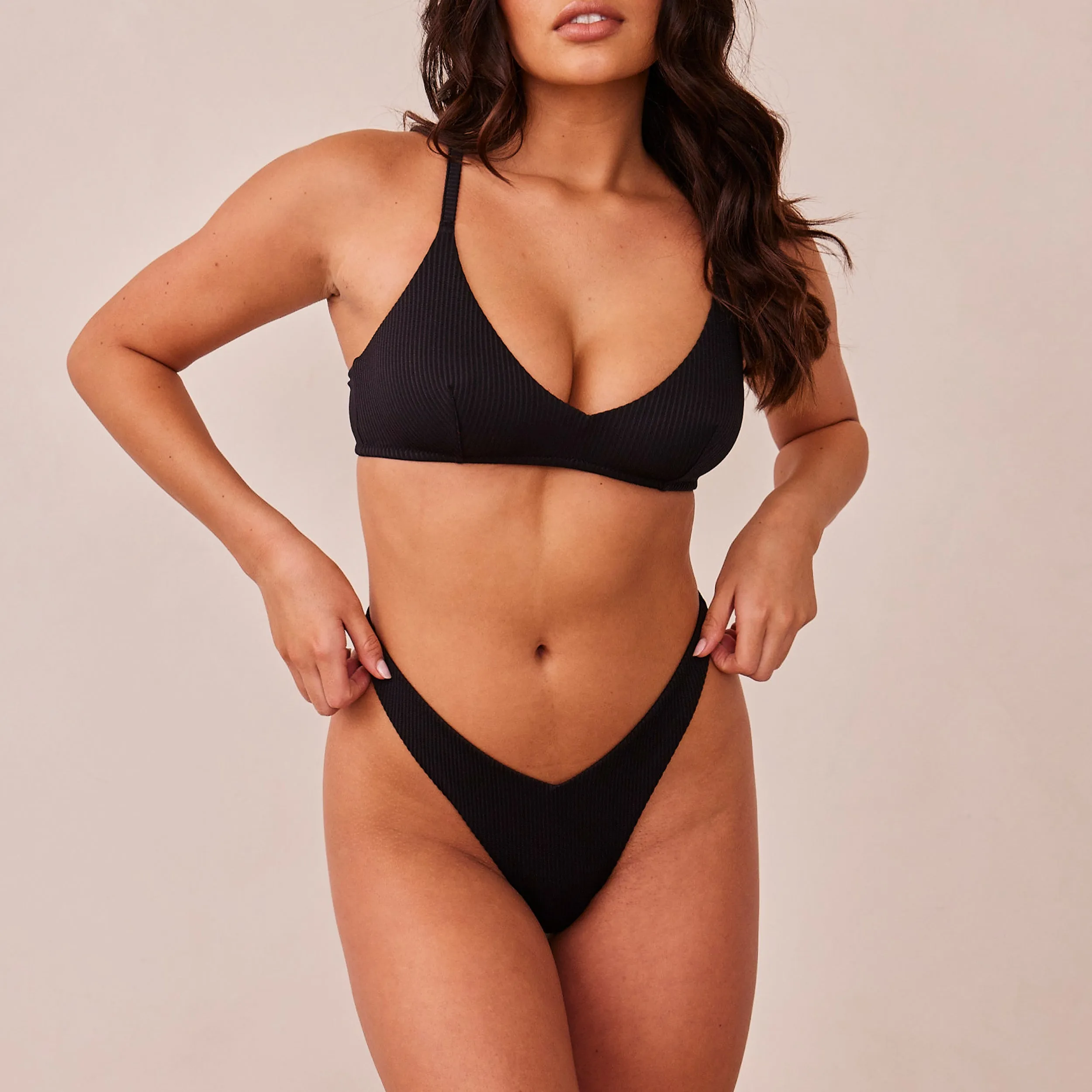 Ribbed Triangle Bra  - Black