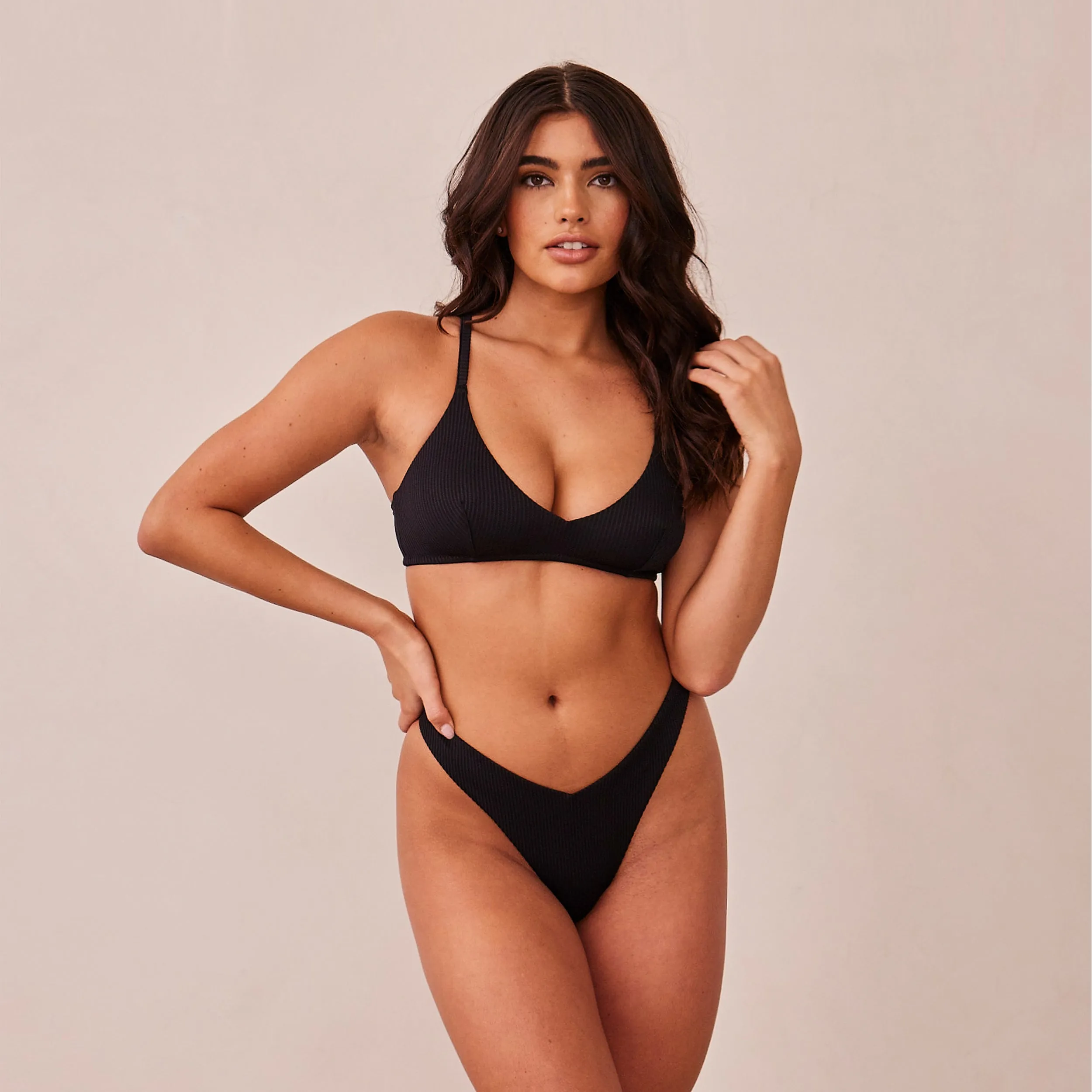 Ribbed Triangle Bra  - Black