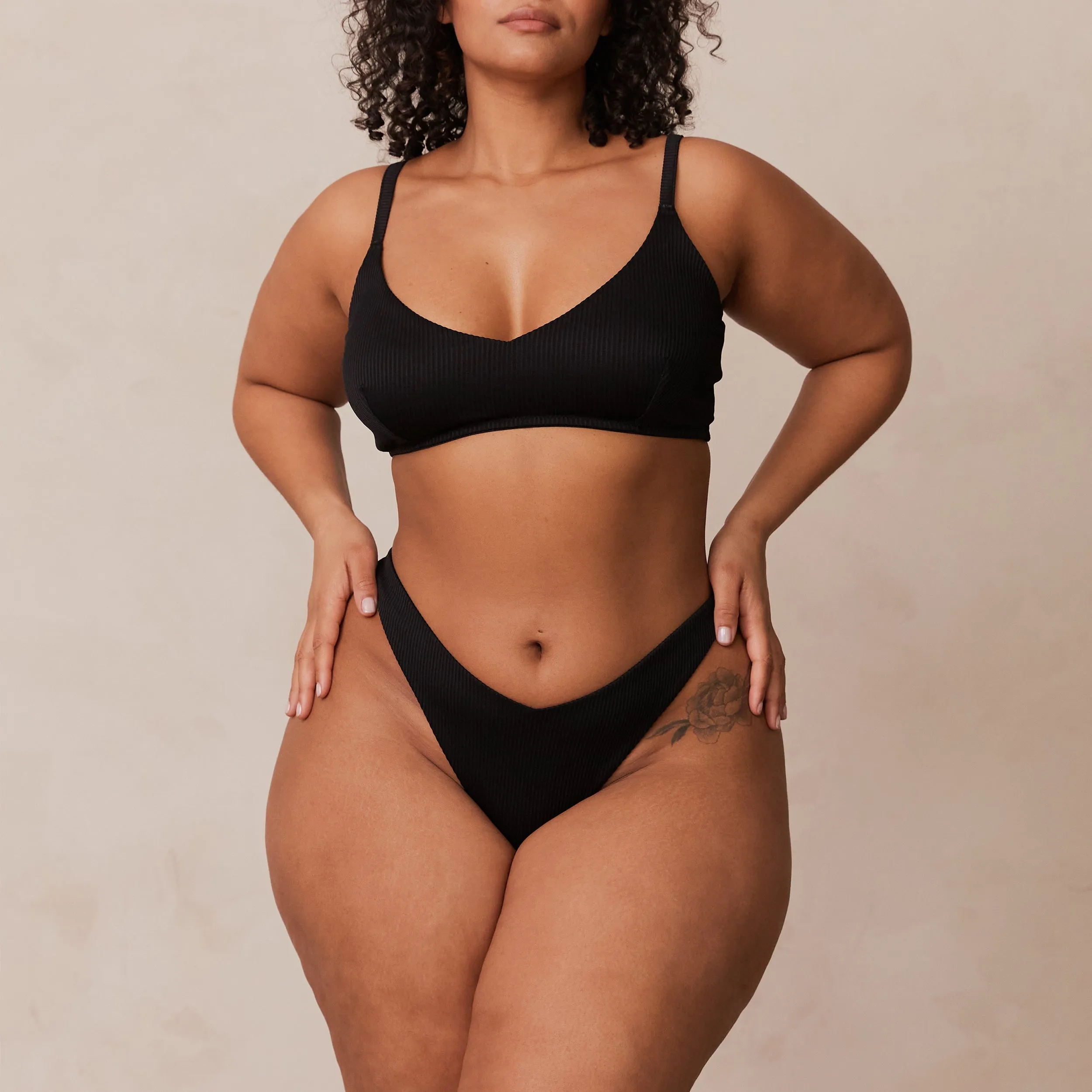 Ribbed Triangle Bra  - Black