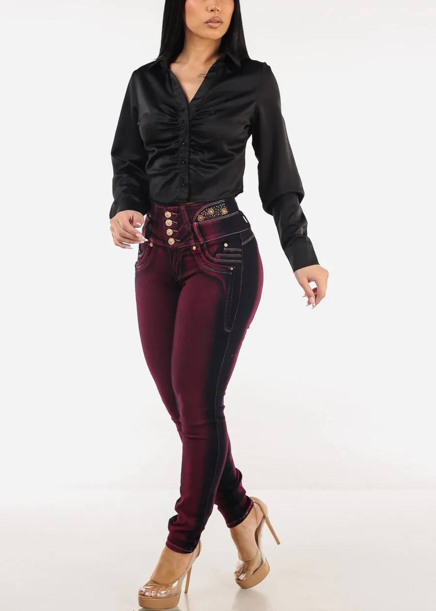Ruched Long Sleeve Satin Cropped Blouse Black