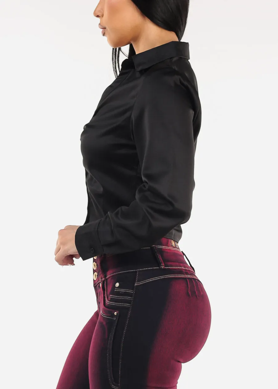 Ruched Long Sleeve Satin Cropped Blouse Black