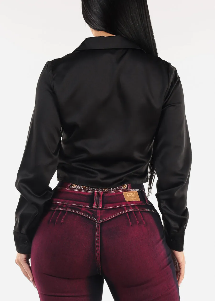 Ruched Long Sleeve Satin Cropped Blouse Black