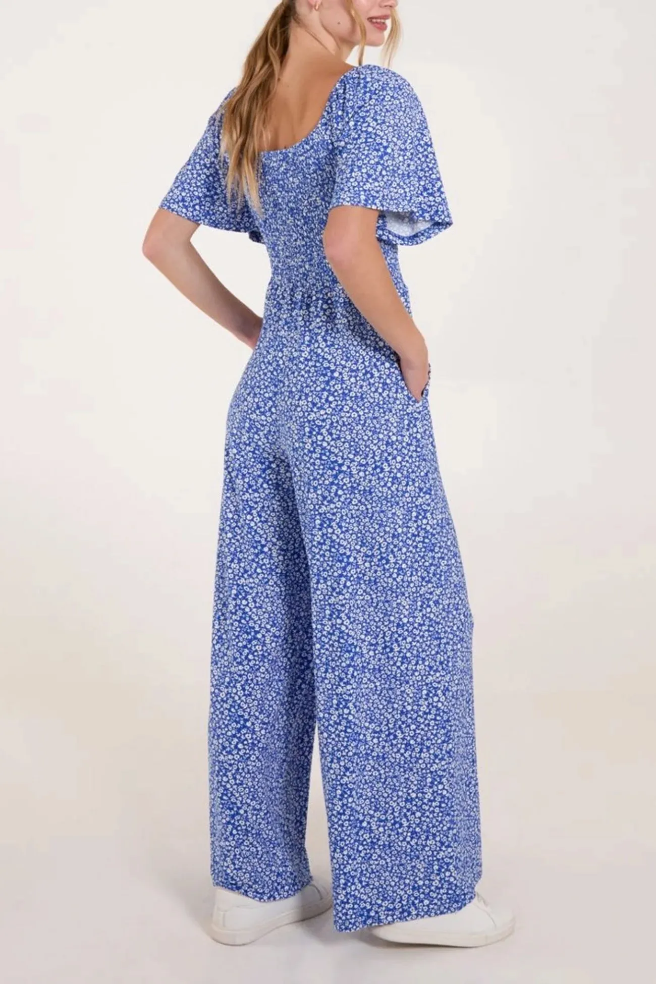 Sam Wde Leg  Blue Floral Print Jumpsuit