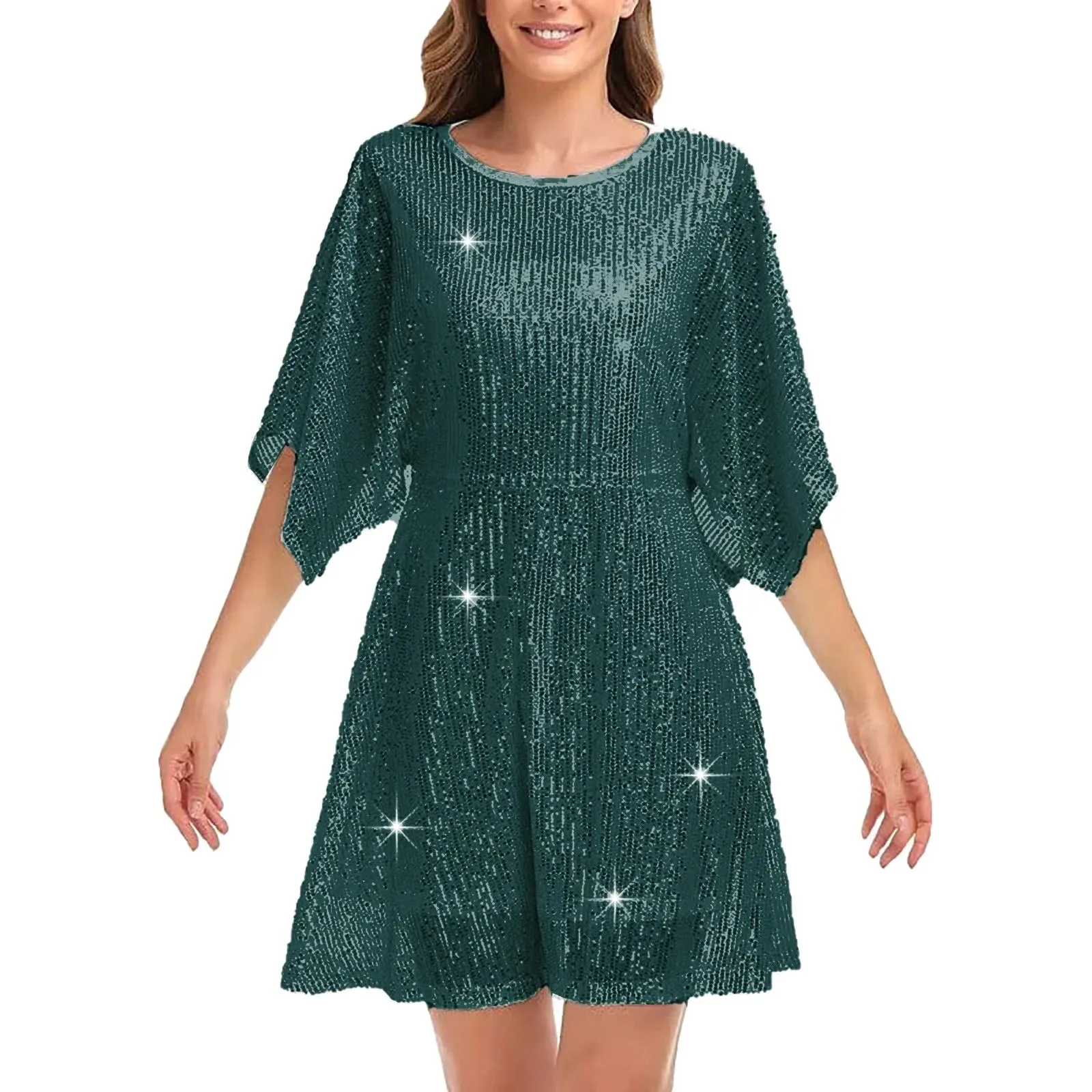 Sequin Solid Color O-Neck Long Sleeve Lace-up Belt Party Mini Streetwear Casual Glitter Dress