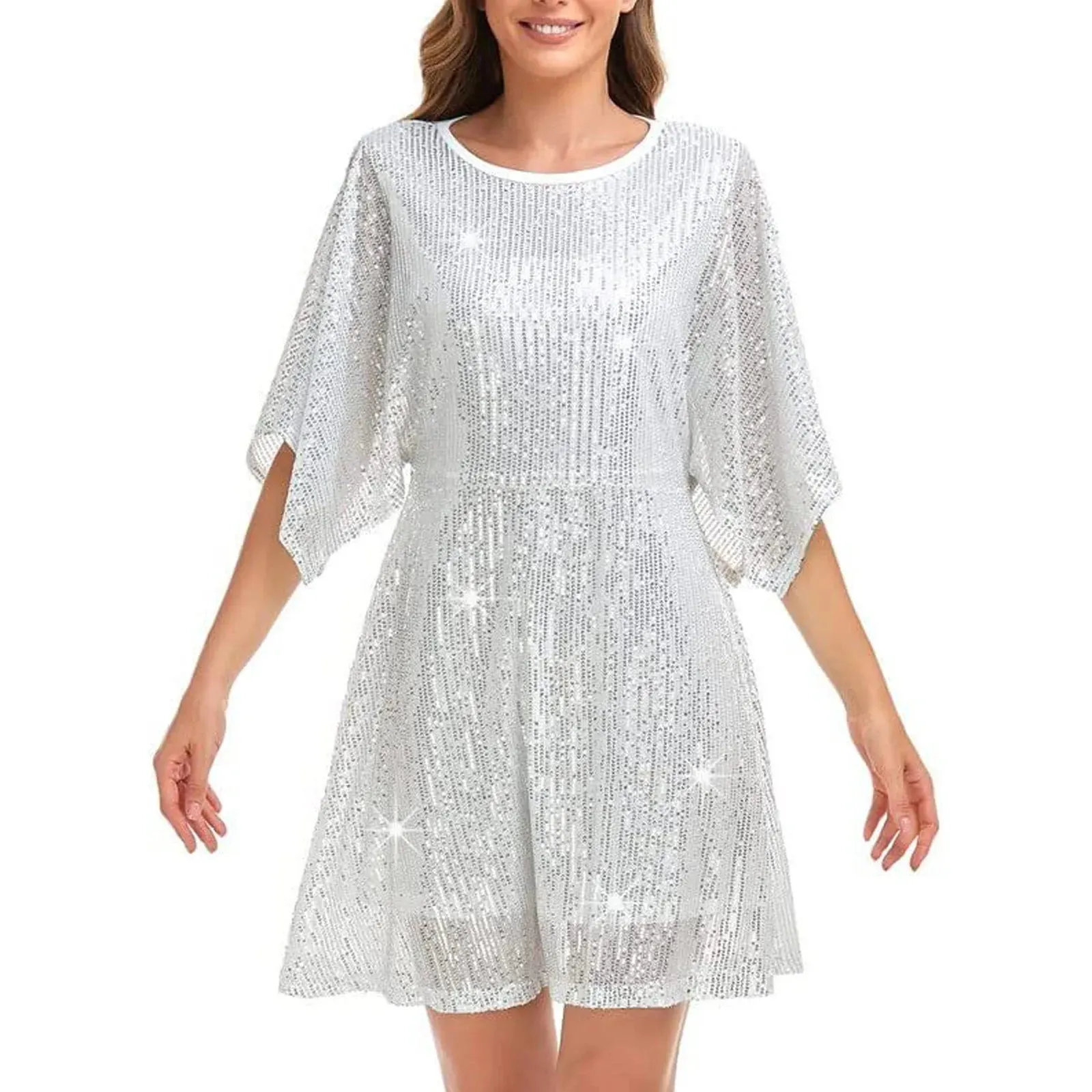 Sequin Solid Color O-Neck Long Sleeve Lace-up Belt Party Mini Streetwear Casual Glitter Dress
