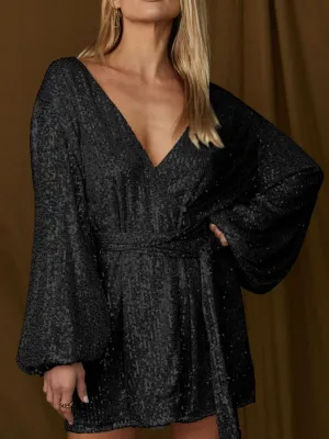 Sequin Tie Waist Mini Cocktail Dress
