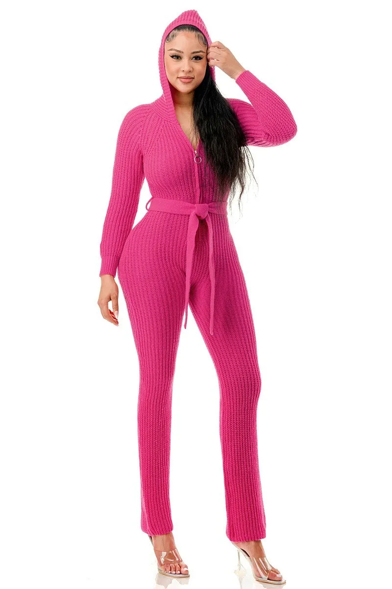 Thick Knit Pink Long Sleeve Hooded Jumpsuit