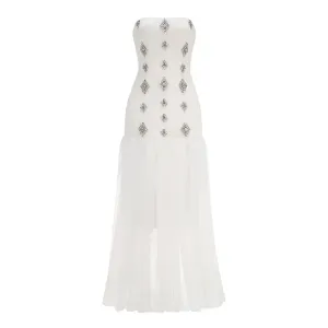 Trend4us Strapless Crystal-Embellished Tiered Tulle Evening Gown
