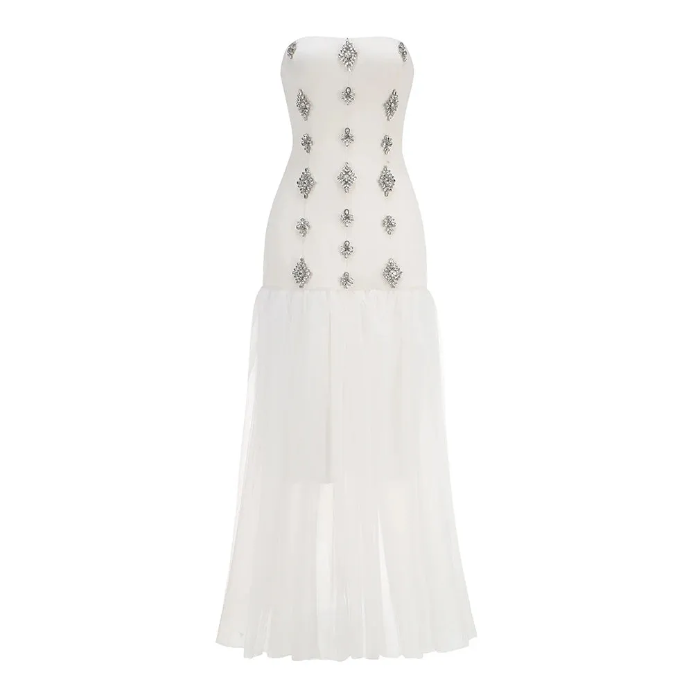 Trend4us Strapless Crystal-Embellished Tiered Tulle Evening Gown