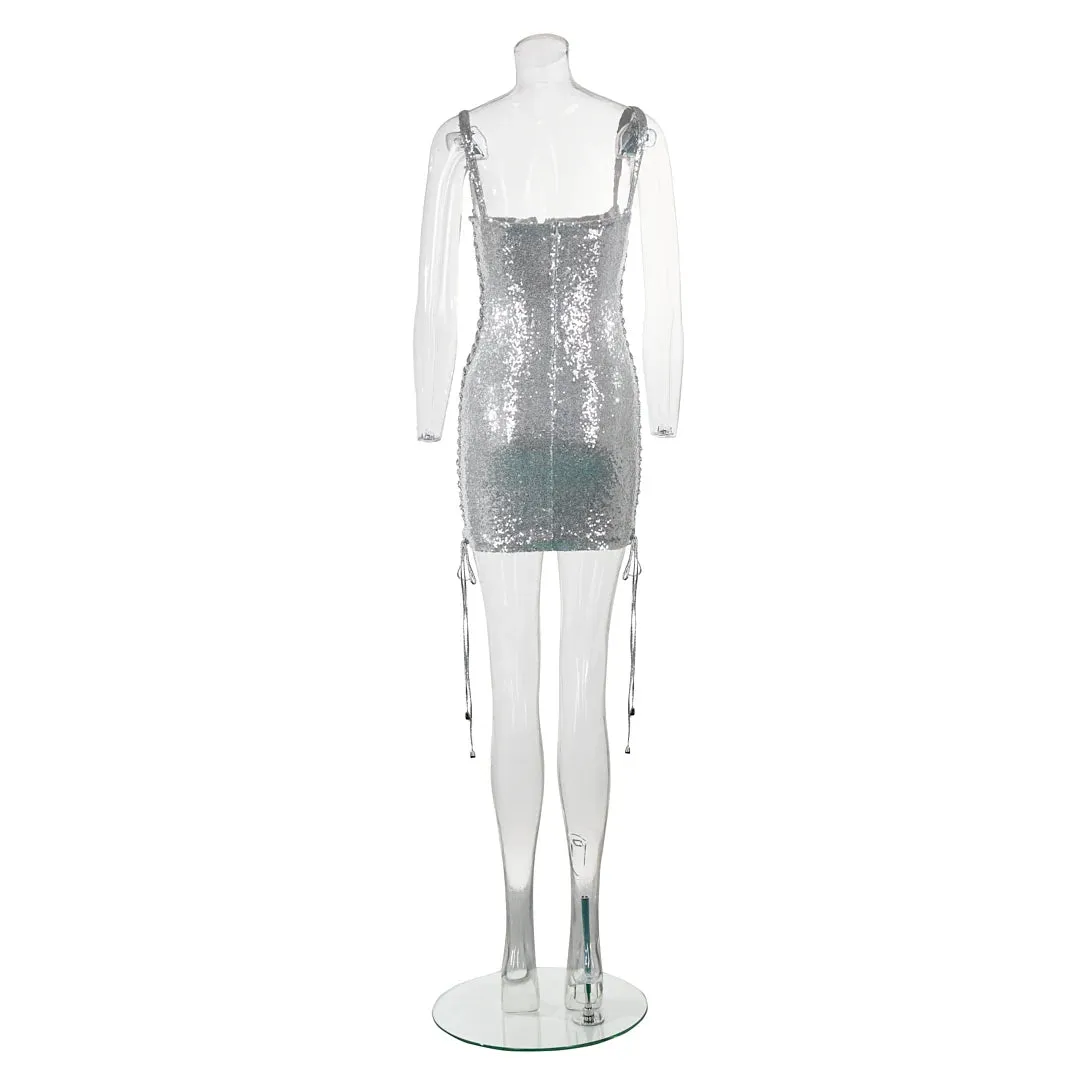 Trend4us Women’s Luxury Silver Sequin Lace-Up Mini Dress