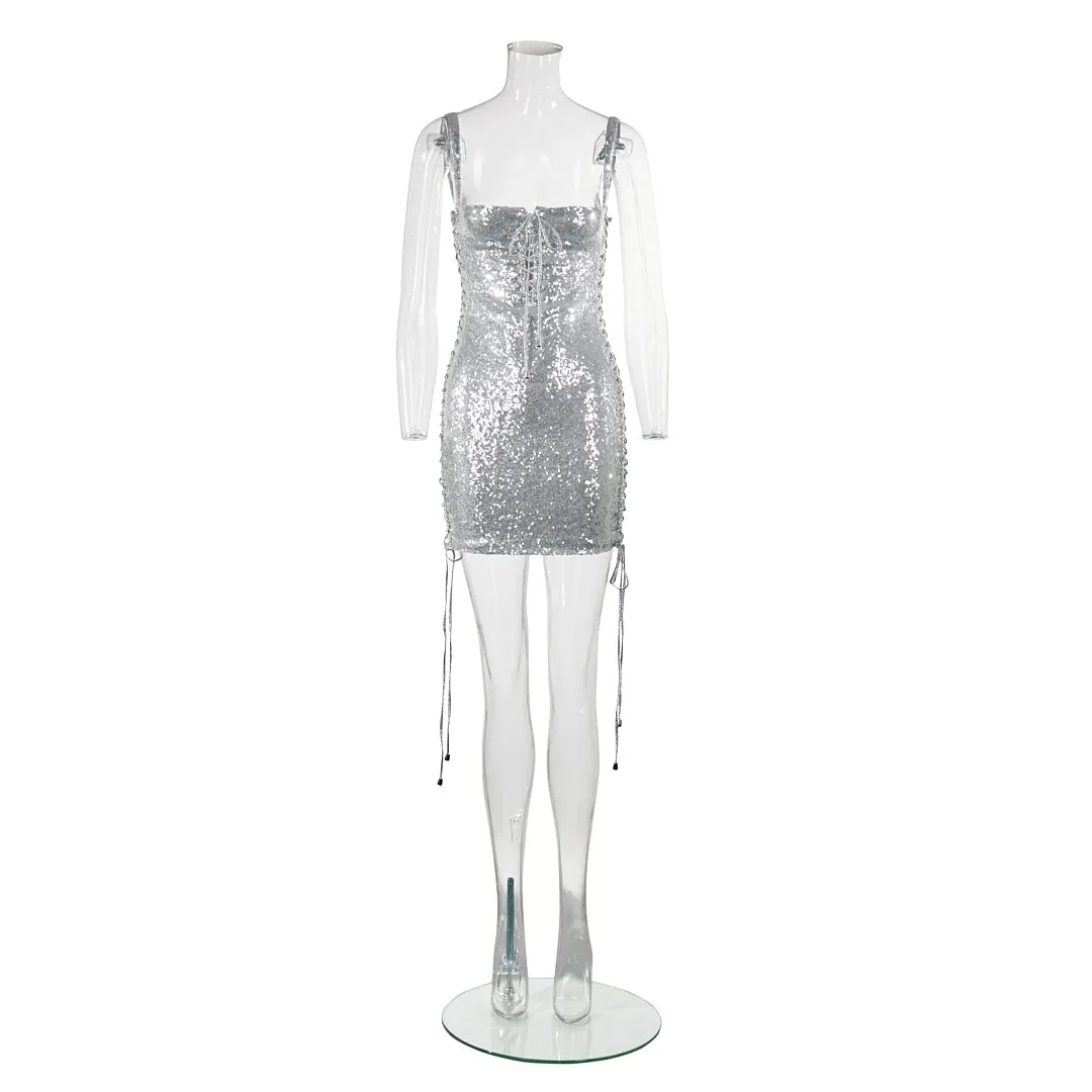 Trend4us Women’s Luxury Silver Sequin Lace-Up Mini Dress