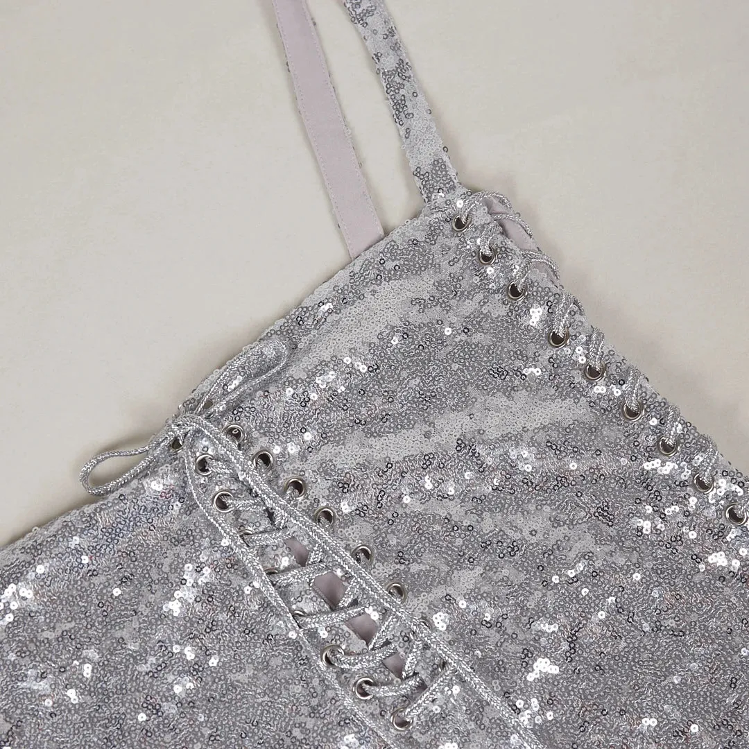 Trend4us Women’s Luxury Silver Sequin Lace-Up Mini Dress