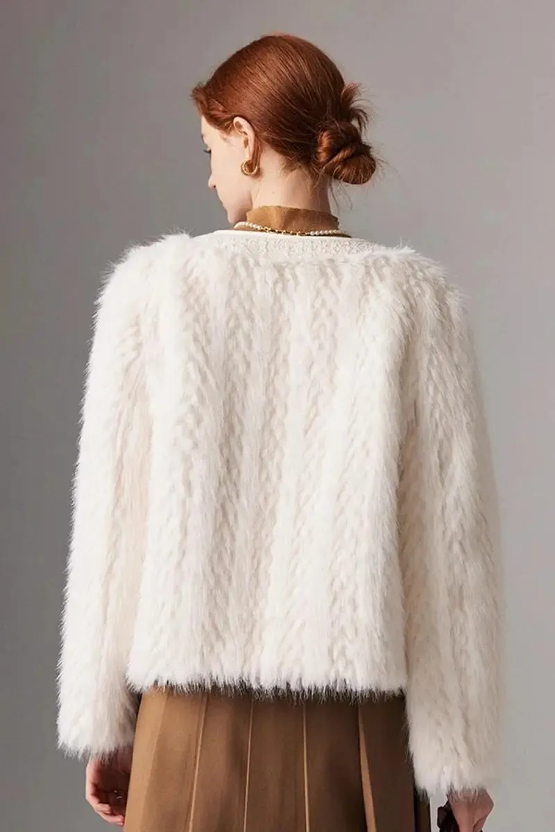 V-neck Faux Fox Fur Collarless Jacket with Pearl Button
