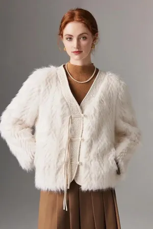 V-neck Faux Fox Fur Collarless Jacket with Pearl Button