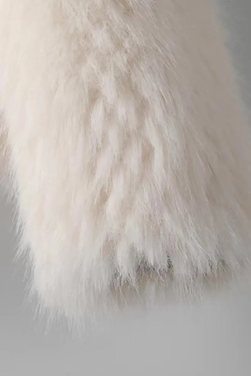 V-neck Faux Fox Fur Collarless Jacket with Pearl Button