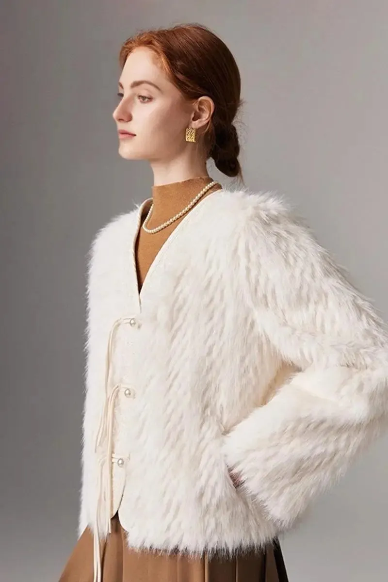 V-neck Faux Fox Fur Collarless Jacket with Pearl Button