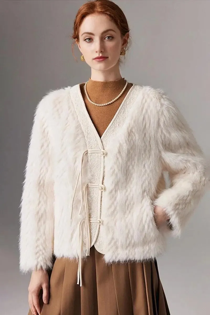 V-neck Faux Fox Fur Collarless Jacket with Pearl Button