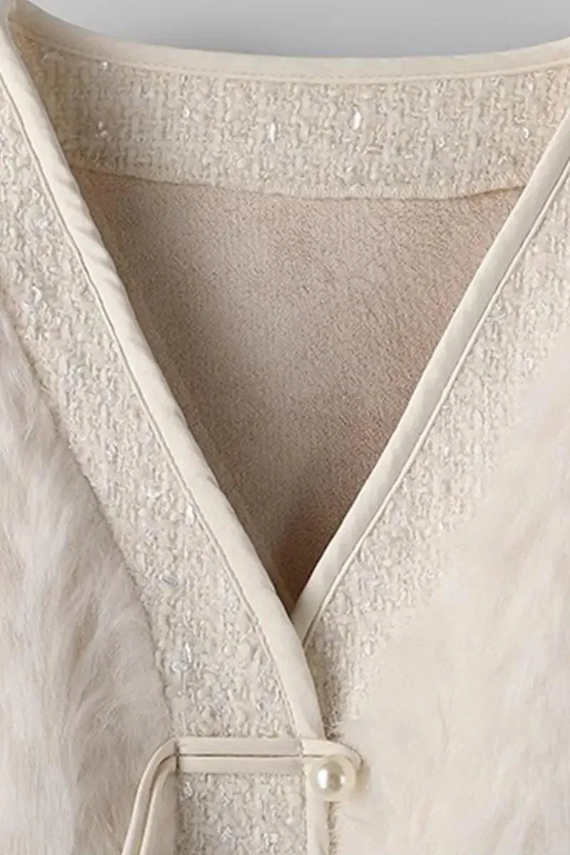 V-neck Faux Fox Fur Collarless Jacket with Pearl Button