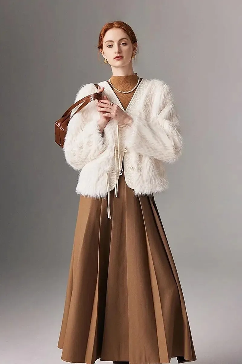 V-neck Faux Fox Fur Collarless Jacket with Pearl Button